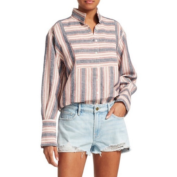 FRAME Striped Bib Linen Button-Down Shirt - Picture 2 of 8